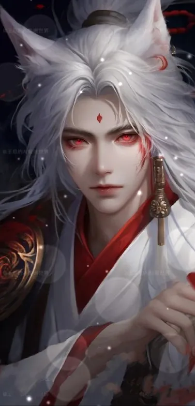 Fox spirit in mystical fantasy art with white hair and red eyes.