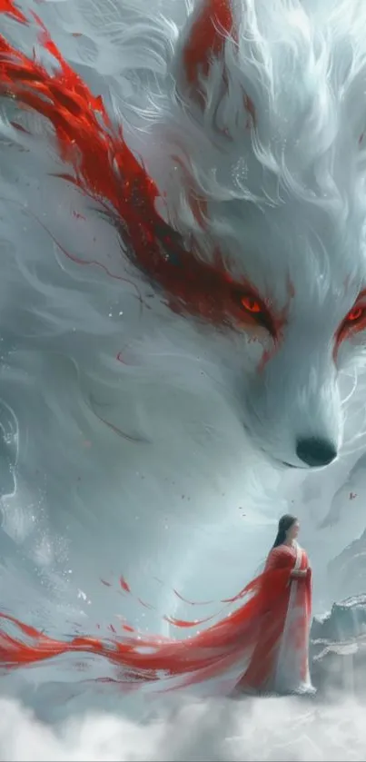 Fantasy wallpaper with a mystical fox spirit and a red-cloaked figure.