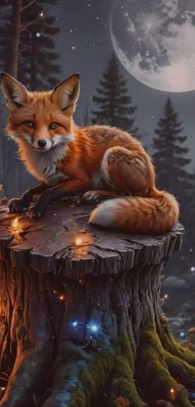 Fox sitting on tree stump under moonlight in serene forest setting.