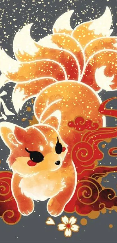 Mystical orange fox with floral accents on dark background.