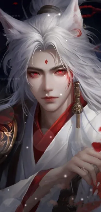 Mystical fox warrior with red eyes and flowing white hair in anime style.