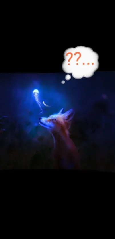 Mystical fox gazing at a glowing blue light in a dark forest setting.