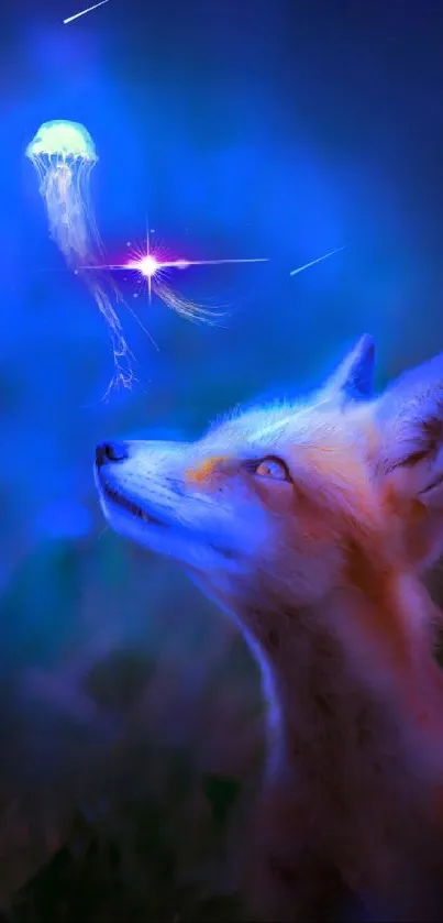 A mystical fox gazes at a glowing jellyfish in a night scene.