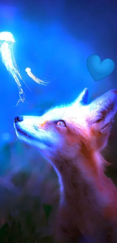 Fox looking at glowing jellyfish in mystical night setting.