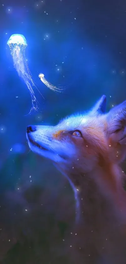 Fox and glowing jellyfish in a mystical night wallpaper.