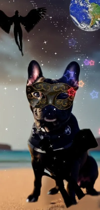 A mystical French Bulldog wearing a mask on a cosmic, starry beach.