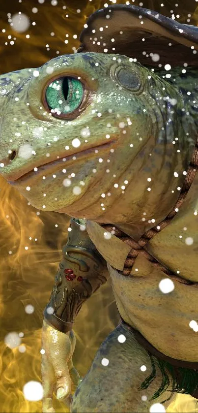 Mystical frog warrior standing in golden mist.