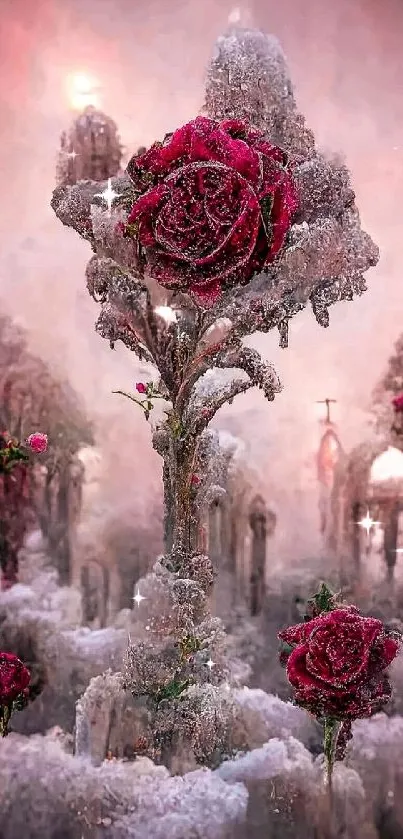 Frosted roses in an icy, mystical landscape wallpaper.