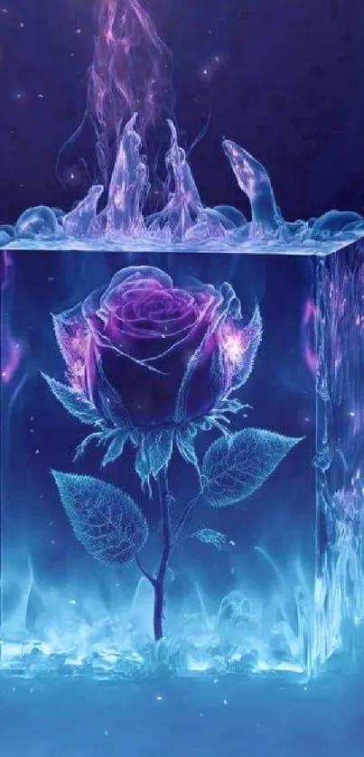 Purple rose in ice cube glowing with blue and purple hues.