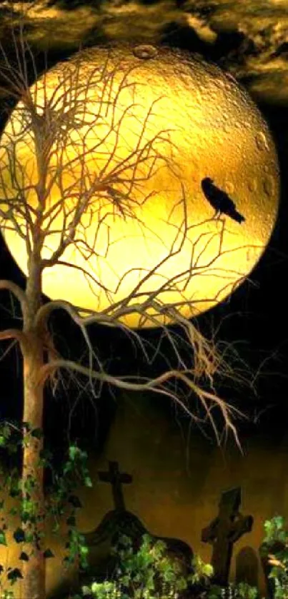 Enchanting full moon night with silhouetted tree and crow in golden hues.