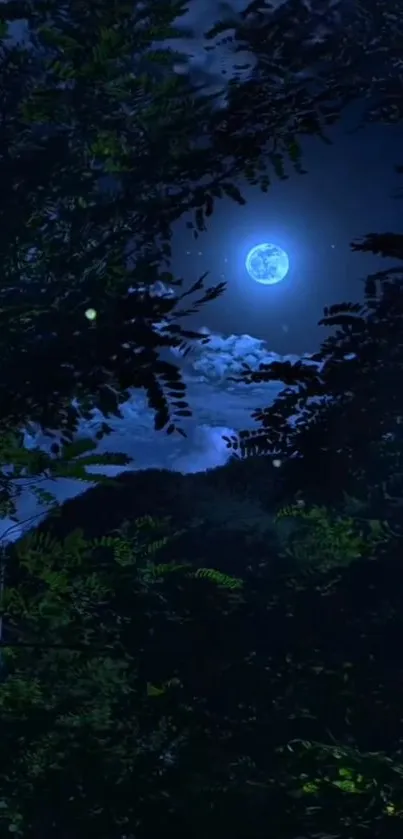 Mystical full moon night in a forest setting.