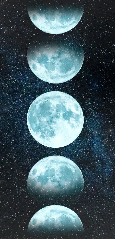 Lunar phases with full moons set against a starry cosmic background.