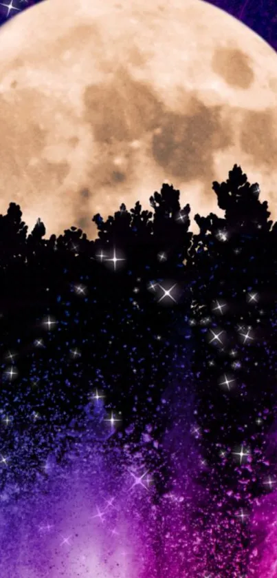 Mystical full moon and starry sky wallpaper with vibrant cosmic colors.