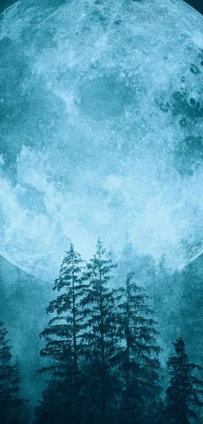 Mystical full moon over a silhouetted forest in shades of blue.