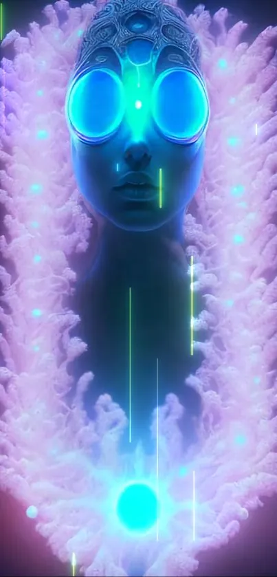 Futuristic mystical artwork with blue neon glow and ethereal figure.