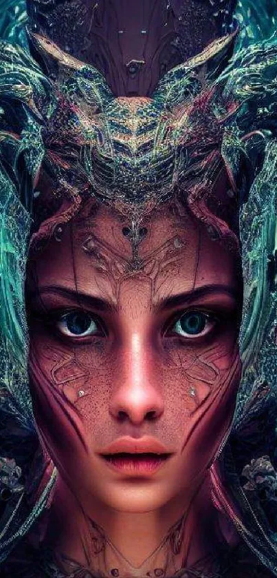 Futuristic mystical face artwork with intricate design and aqua blue hues.