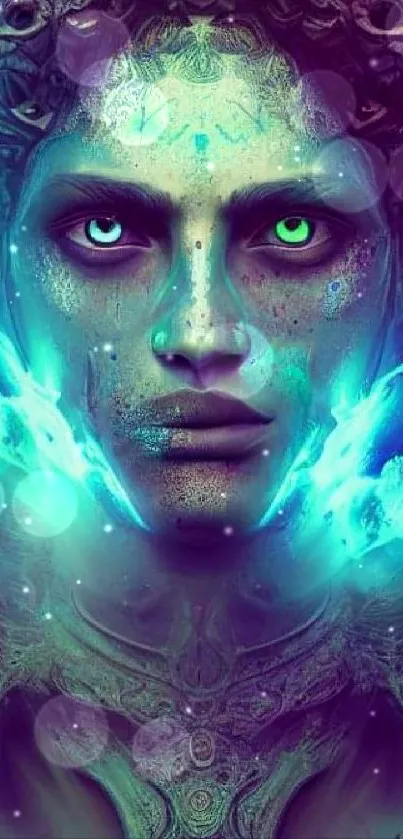 Futuristic mystical face art wallpaper with vibrant neon hues.