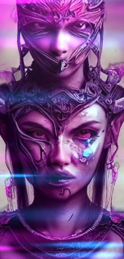 Futuristic warrior with mystical purple hues on mobile wallpaper.