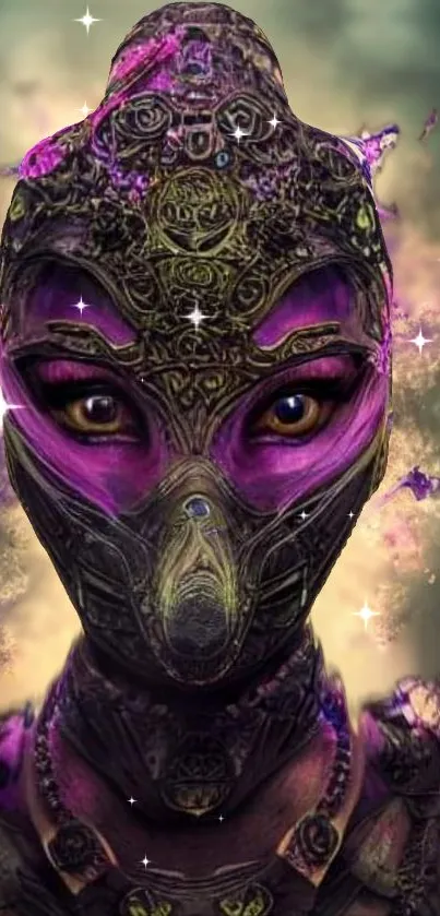 Mystical futuristic warrior with intricate purple armor and cosmic background.