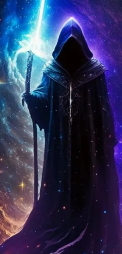 Mystical warrior in space with a glowing sword, cosmic backdrop.