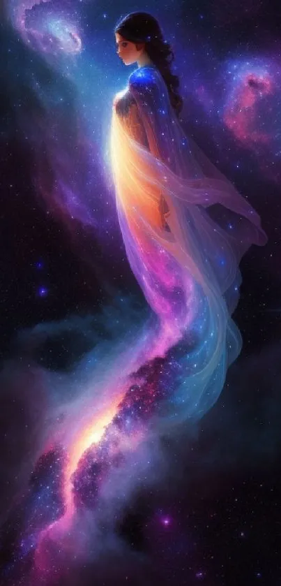 Ethereal woman in a vibrant galaxy, mystical and cosmic mobile wallpaper design.