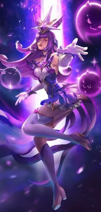 Anime character in a purple galaxy setting, vibrant and mystical.