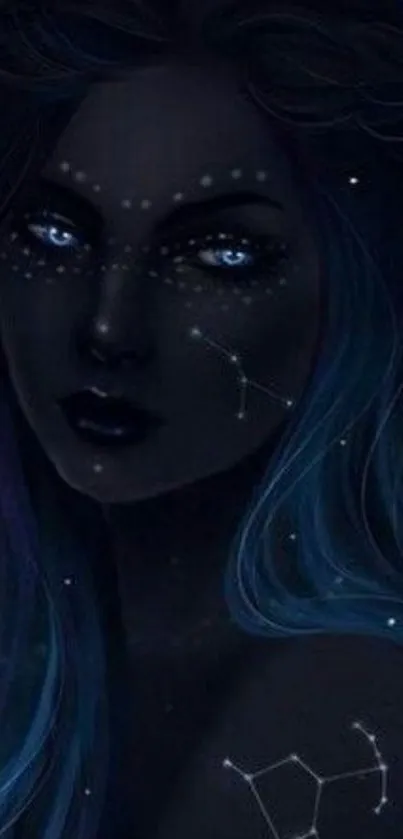 Dark mystical figure with blue galaxy hair and constellations.