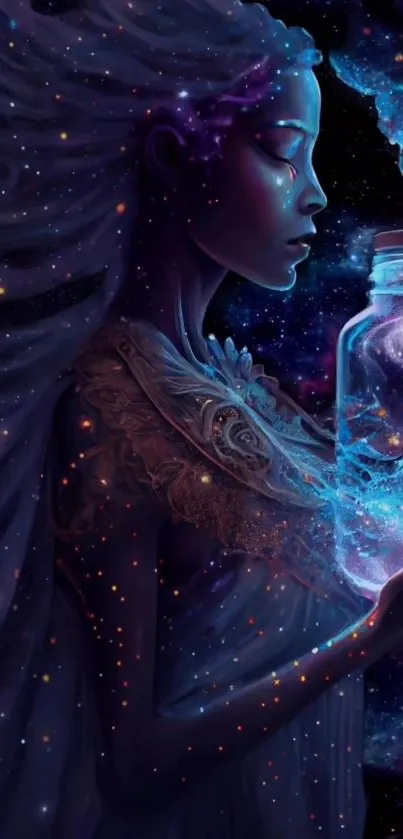 Mystical galaxy artwork with a figure holding a cosmic jar against starry background.