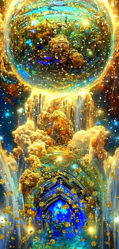 Mystical galaxy art with gold and blue cosmic elements in vivid colors.