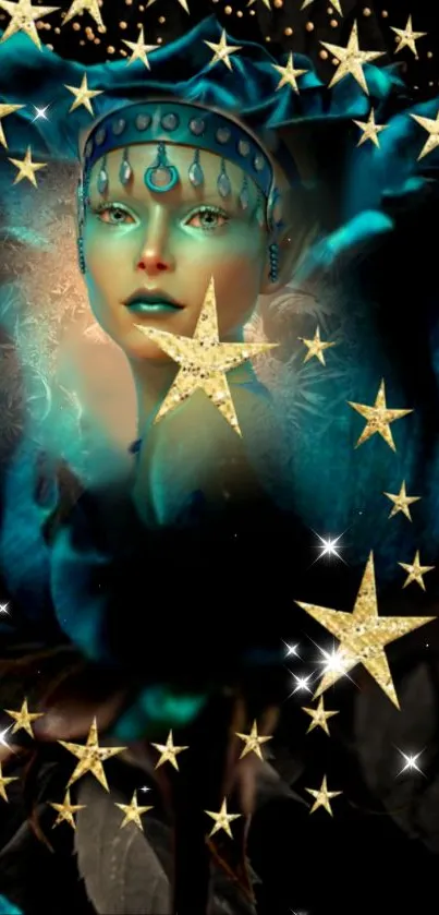 Mystical woman with teal hues and golden stars in a fantasy galaxy wallpaper.