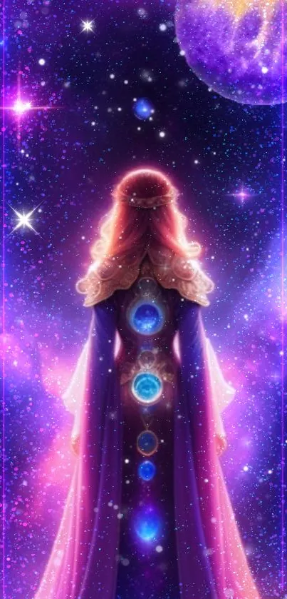 Mystical cosmic princess in a galaxy with vibrant purple hues and stars.