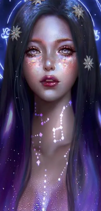 Mystical digital art with galaxy and purple hues, featuring a celestial theme.