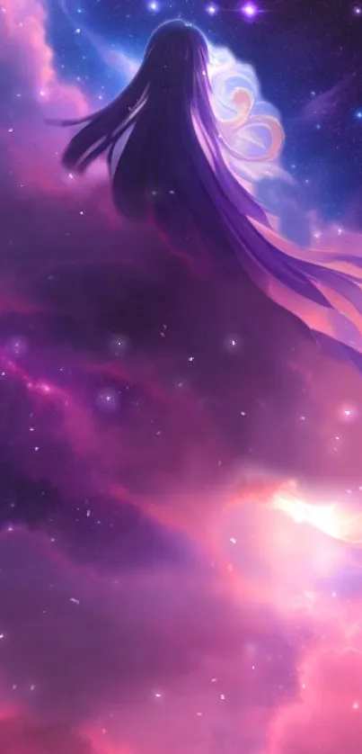 Mystical anime-style galaxy wallpaper with purple clouds.