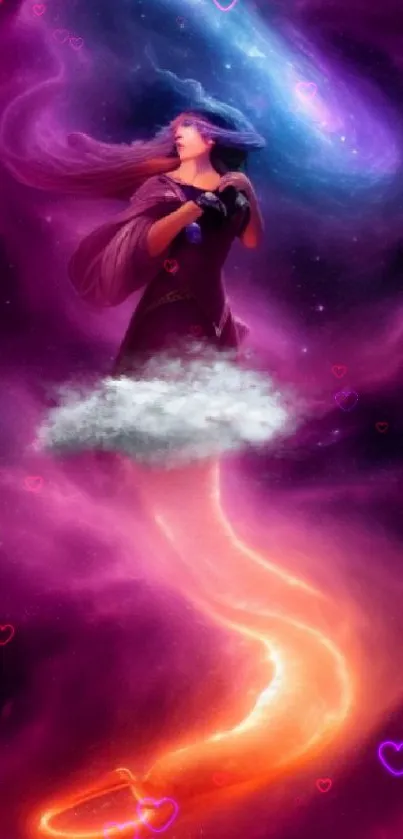 Mystical female figure in colorful galaxy artwork mobile wallpaper.