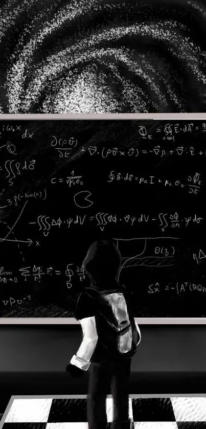 A figure studies galaxy art and equations on a blackboard.