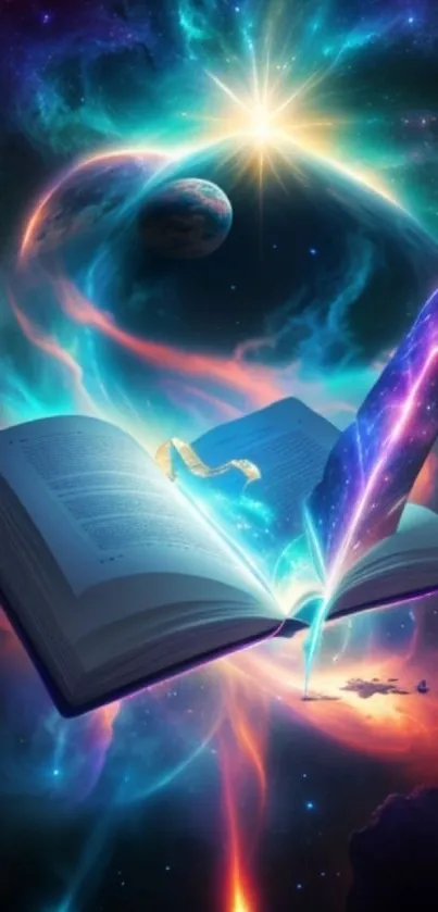 Enchanting galaxy wallpaper with open book and mystical glow.