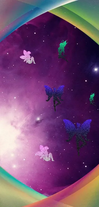 Colorful galaxy wallpaper with mystical butterflies.