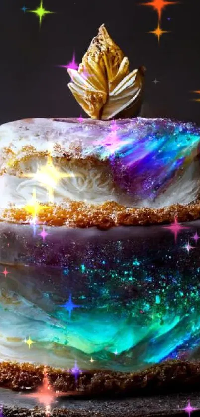 Galaxy-themed cake with iridescent blues and purples on a dark background.