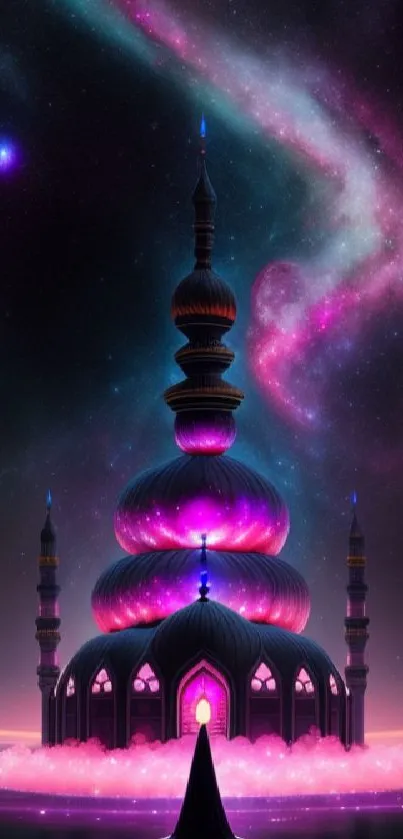 Mystical castle with galaxy background in pink and purple hues.