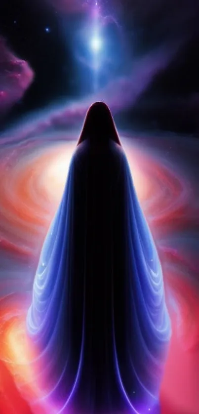 Cloaked figure in a mystical galaxy scene with vibrant cosmic colors.