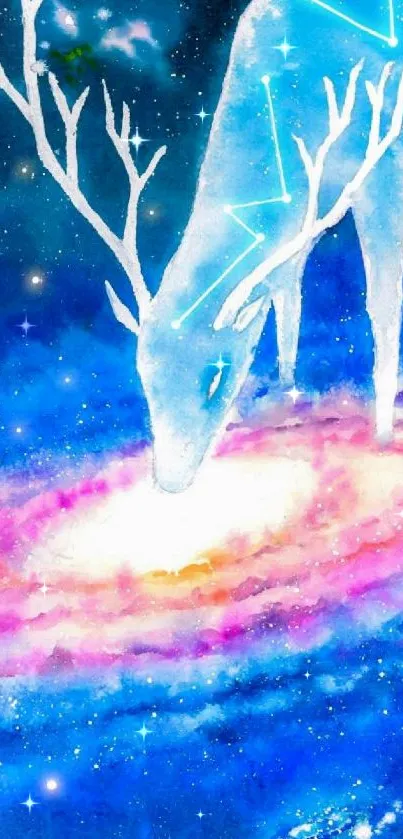 Mystical deer in galaxy with vibrant colors.