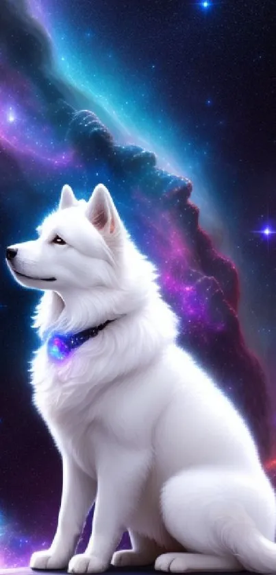 White dog with galaxy backdrop, stars and cosmic colors.