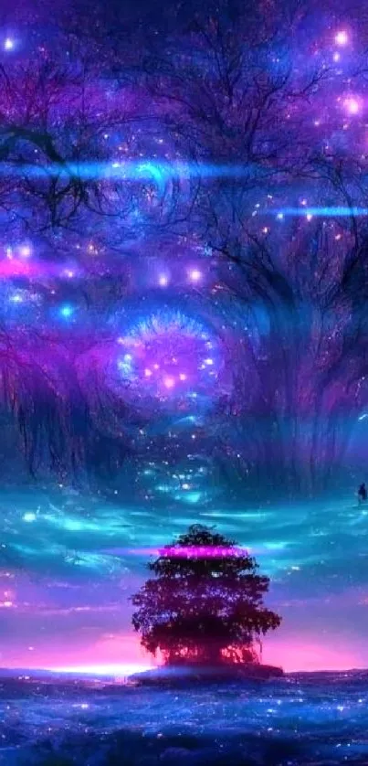 Mystical purple and blue galaxy dreamscape wallpaper with a tree silhouette.