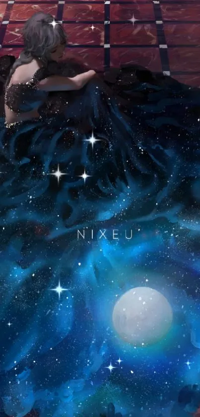 Woman in galaxy dress with starry theme mobile wallpaper.