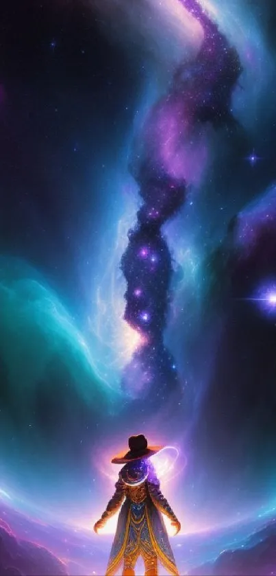 Mystical explorer in vibrant galaxy with colorful cosmic background.