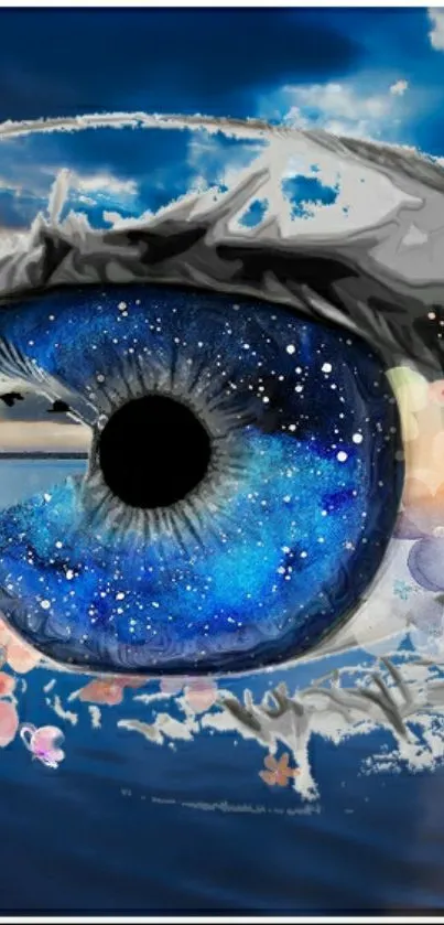 Mystical eye with galaxy-inspired colors and celestial elements.