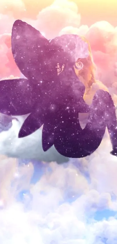 Fantasy wallpaper with fairy silhouette and galaxy clouds.