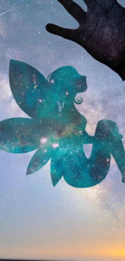 Mystical fairy silhouette against a starry galaxy backdrop with a dark cyan hue.