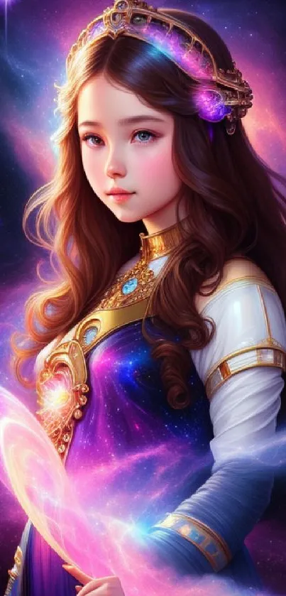 Fantasy artwork of a mystical girl in a colorful galaxy.