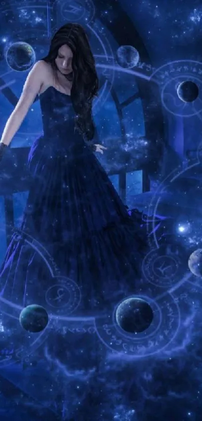 Mystical female figure surrounded by planets in a blue galaxy theme.